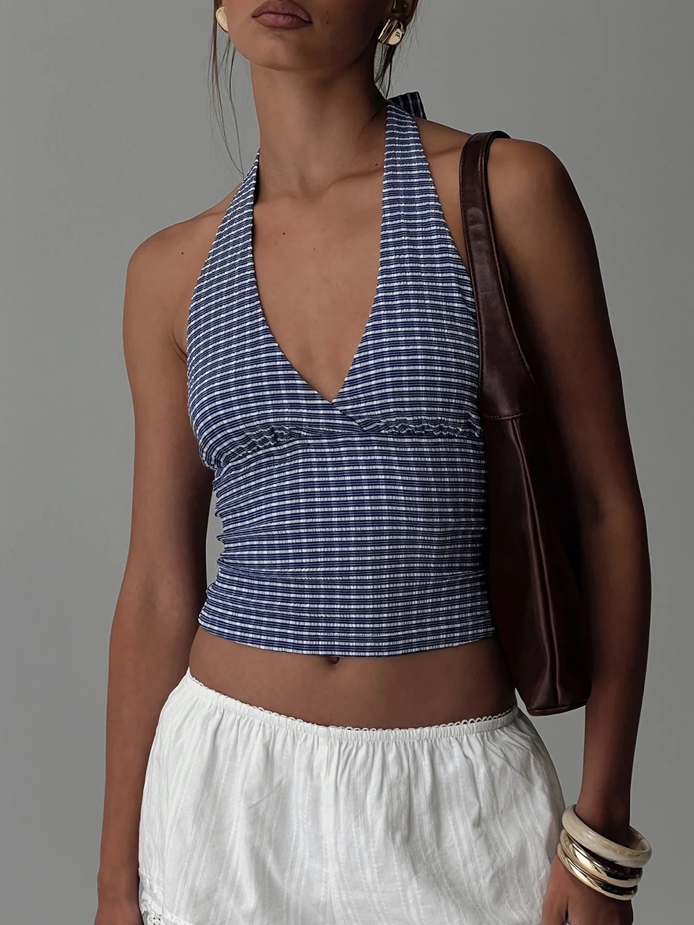 Princess Polly Navy Blue Striped Halter Crop Top size 8
